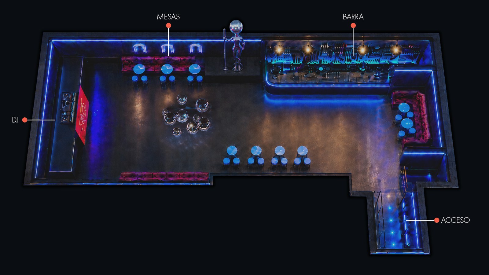Render de planta de Club Sie7e con DJ, mesas, barra y zonas para eventos corporativos